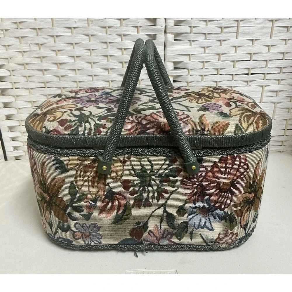 Vintage 1970s AZAR Floral Tapestry Sewing Basket Green Handles Full Threads